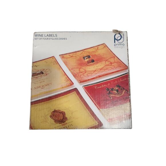 Set Of 4 glass dishes with Wine Labels 6 inches squares - Picture 1 of 4